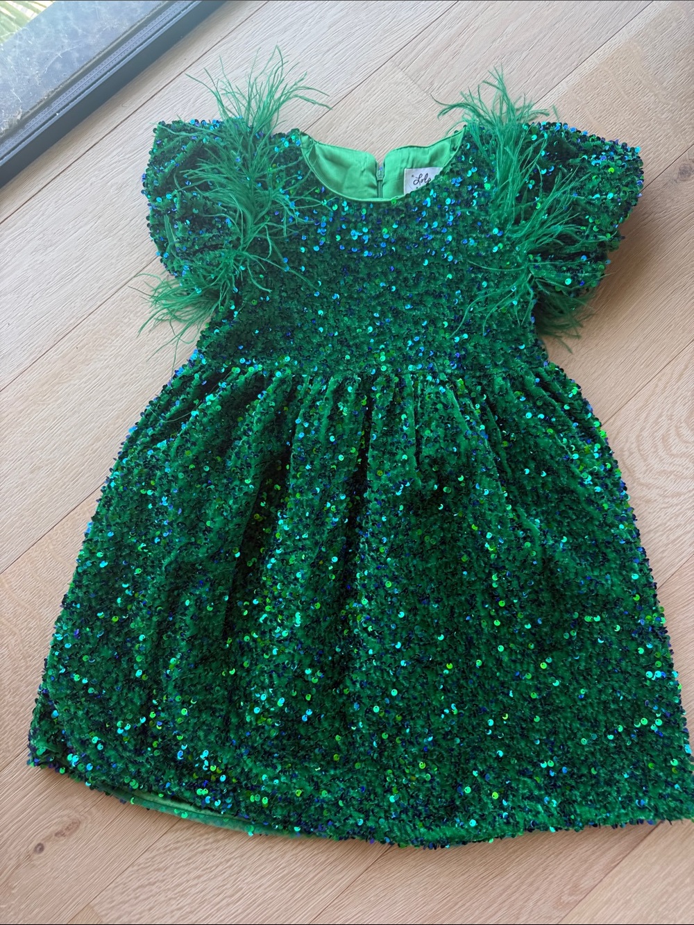 lola and the boys 8y Green Sequin Feather Kids Dress -💚